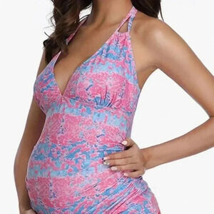 Summer Mae Maternity Halter Top Bathing Suit Tankini Top Pink Blue Size Large